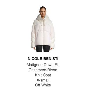 Nicole Benisti cashmere down off white puffer jacket. Oversized XS BNWT